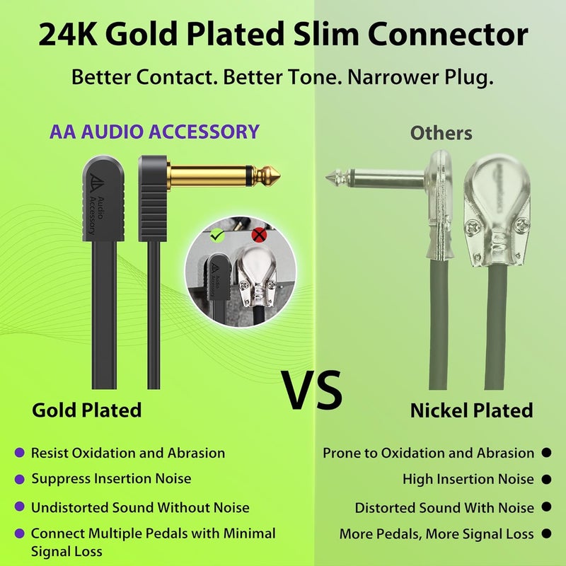 AA AUDIO ACCESSORY كابلات باتش جيتار 4 بوصة 4 حزمة، كابلات بيدال جيتار مسطحة مطلية بالذهب، كابل لوحة بيدال معزز كيفلار 1/4، محمي 100% OFC، زيادة مساحة لوحة البيدال - Image 2
